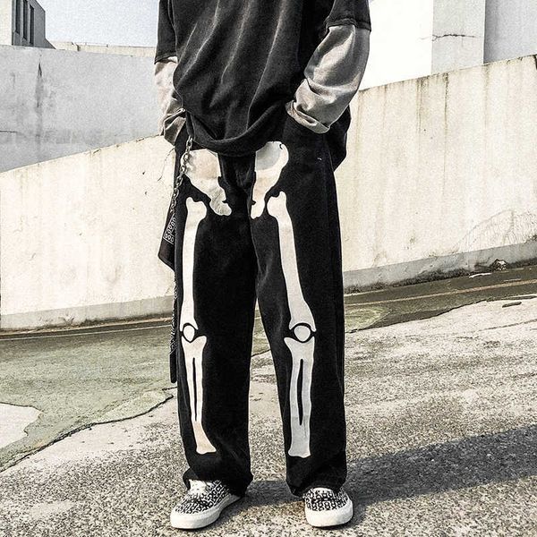 

men's jeans wide leg baggy jeans men aesthetic skeleton y2k jeans streetwear oversized graphic black printed high waisted light blue hi