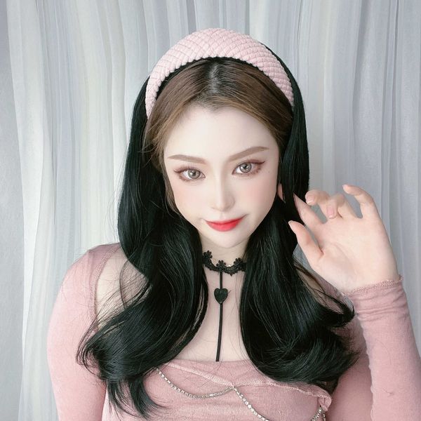 

women's hair wigs lace synthetic female hoop half head set medium net red belt cargo simulation hair black long curl wig