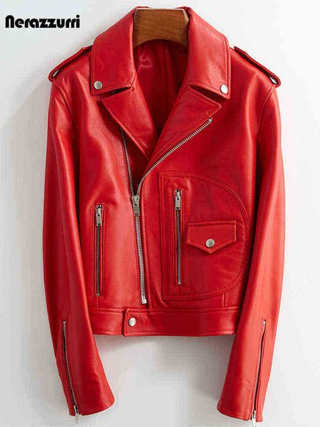 

nerazzurri spring autumn short red black waterproof leather biker motorcycle jacket women long sleeves soft faux leather jackets j220727