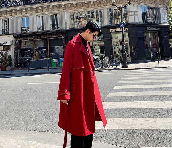 

men's trench coats men loose casual long jacket trench coat outerwear male women vintage streetwear hip hop red cardigan windbreaker ov, Tan;black