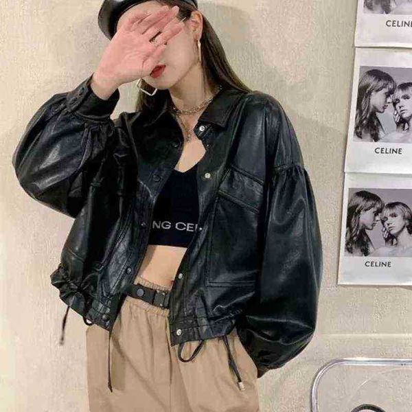 

black faux leather jacket women winter punk style highstreet biker jacket 2021 korean chic cropped loose outerwear harajuku jacket j220727