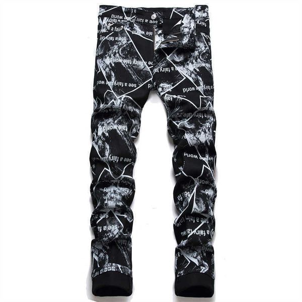 

men's jeans men letters digital print jeans fashion black stretch denim pants slim skinny tapered trousers t221102, Blue