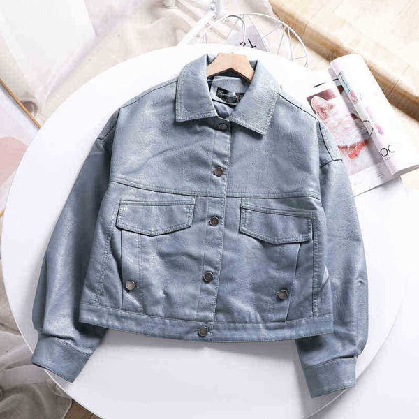 

ftlzz spring autumn women casual pu leather jacket turndown collar single breasted short jacket loose solid color short jacket j220727, Black