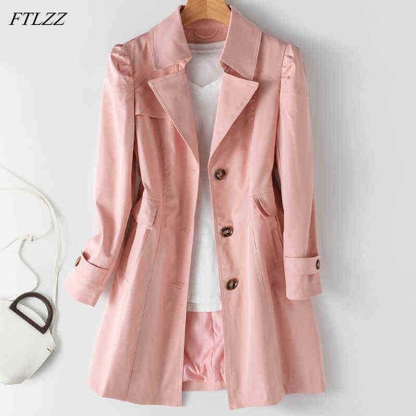 

ftlzz new autumn women kaki long trench coat casual female streetwear slim fit korean style windbreaker single breasted outrunner j220727, Black