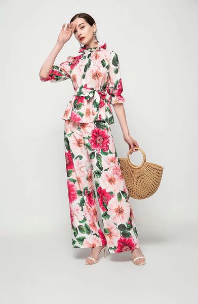 

women's two piece pants french country style big flower printing beautiful fashionable retro middle sleeve waist shirt trousers western, White