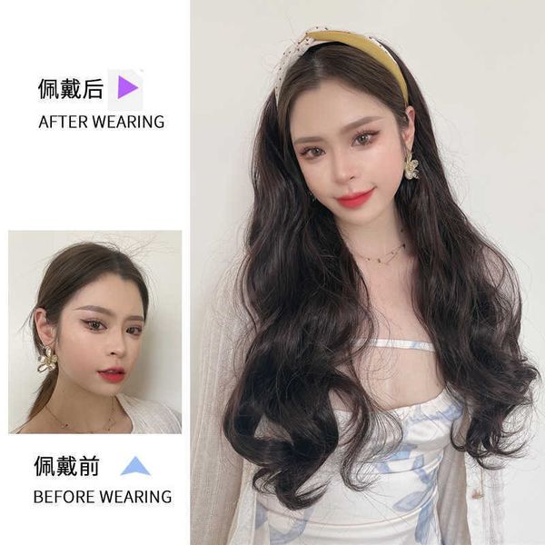 

women's hair wigs lace synthetic shake tape wig female band integrated big wave chemical fiber half head cover imitation long curling h, Black