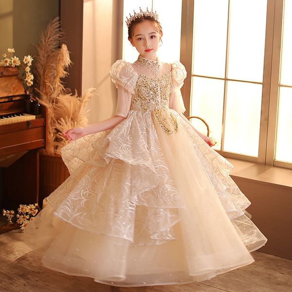 

2022 gold flower girl dresses jewel neck ball gown lace appliques beads sequined kids girls pageant dress sweep train birthday prom gowns, White;blue