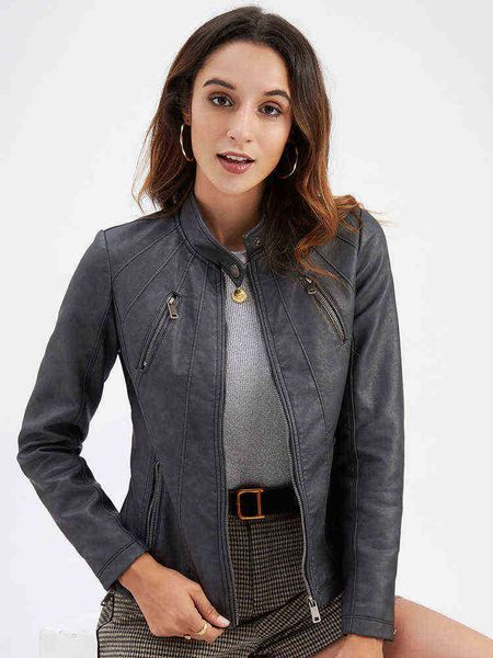 

fmfssom spring women o neck leather short jacket high street pu coat female long sleeve fashion moto biker windproof outwear j220727, Black