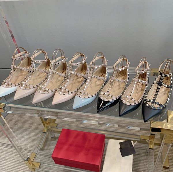 

designer women's sandals pointed toe 2-straps studs flat patent leather rivets sandal women strappy dress shoes black white nude summer