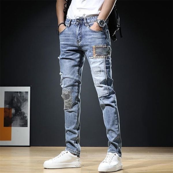 

mens jeans slimfit patches denim pants beggar style trendy casual blue color contrast street fashion pants; 221113