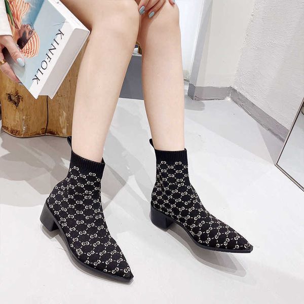 

lady winter fashion boots princess shoes woman and socks women flying weave single pointed high heels elastic thin coarse short, Black