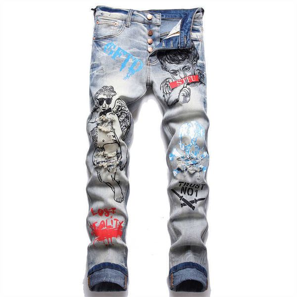

men's jeans men skull print jeans trendy character slogan painted stretch pants vintage punk button fly holes ripped slim tapered trous, Blue