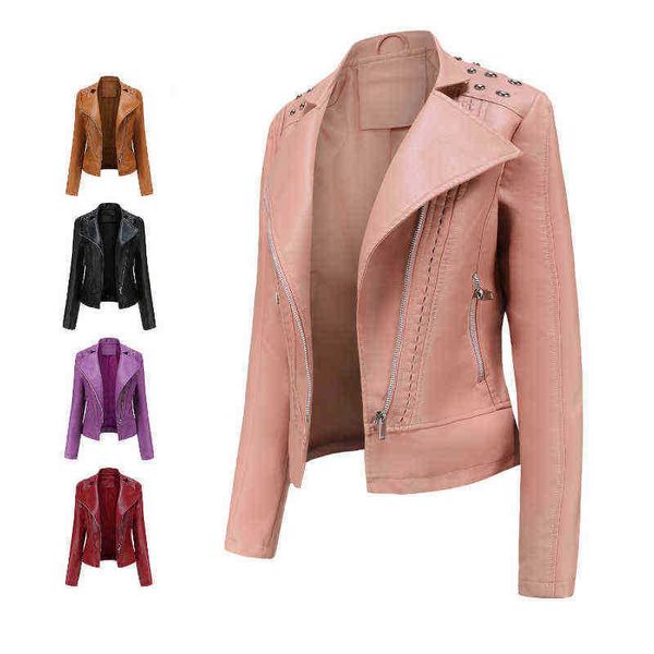 

jackets women's pu leather rivet coats zipper female clothing 2022 new ladies fashion spring autumn motor biker with pocket j220727, Black