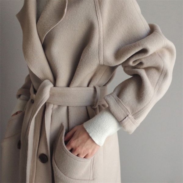 

womens wool blends winter beige elegant blended solid color korean long coat retro fashion black simple camel oversized 221113