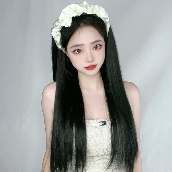 

women's hair wigs lace synthetic shattering cloud band wig women's uv type high temperature silk half cap net red long straight ha, Black