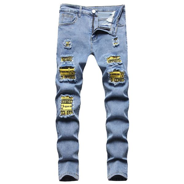 

men men's jeans patchwork stretch denim jeans streetwear print patches ripped pants slim skinny tapered pencil trousers blue black t221