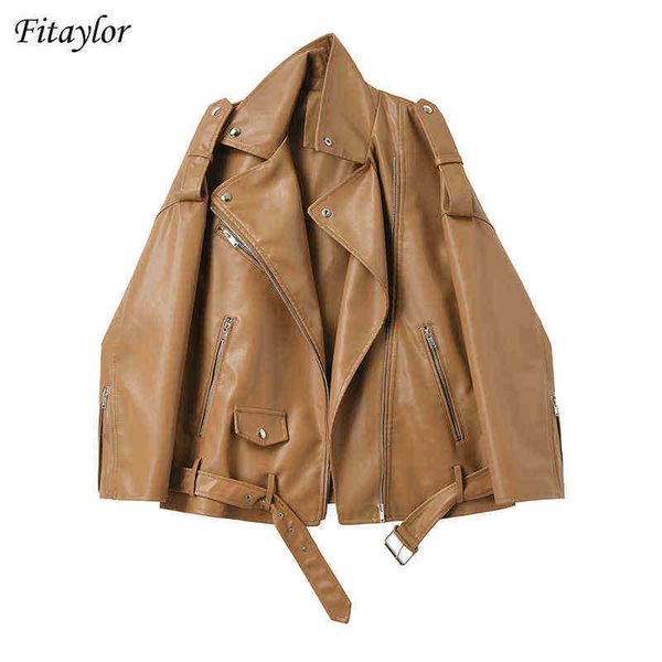 

fitaylor spring autumn faux leather jackets women new loose casual jacket female drop shoulder motorcycles runner with belt j220727, Black