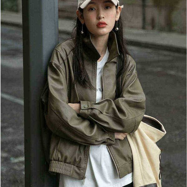 

spring autumn leather jacket women long sleeve zipper collar loose green faux pu leather jackets female clothing 2022 new j220727, Black