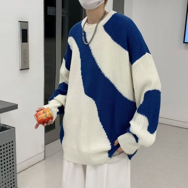 

men's sweaters winter sweater men cow patchwork pullover casual knitted sweaters loose autumn clothing korean harajuku male sweatshirts, White;black