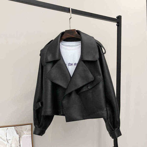 

fmfssom 2022 spring women short faux leather jacket single button black moto biker windproof jacket warm turn down collar outfit j220727