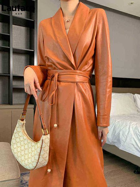 

lautaro spring autumn long waterproof bright soft faux leather trench coat for women scarf collar belt luxury elegant fashion j220727, Black