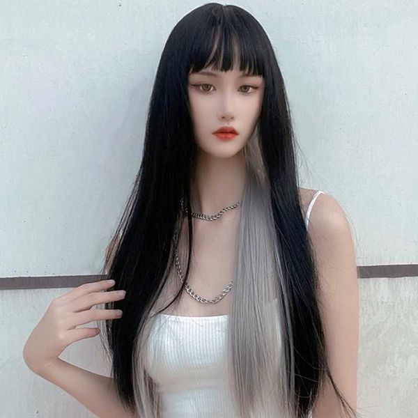 

women's hair wigs lace synthetic hanging ear wig female pick dyed net red cartoon bangs chemical fiber long straight hair head style, Black