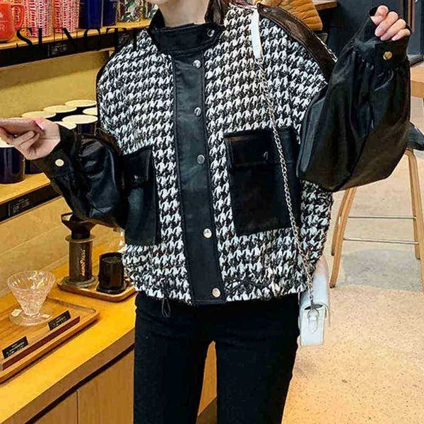 

sungtin vintage houndstooth tweed pu leather jackets women fashion office lady patchwork loose jacket korean casual clothing chic j220727, Black
