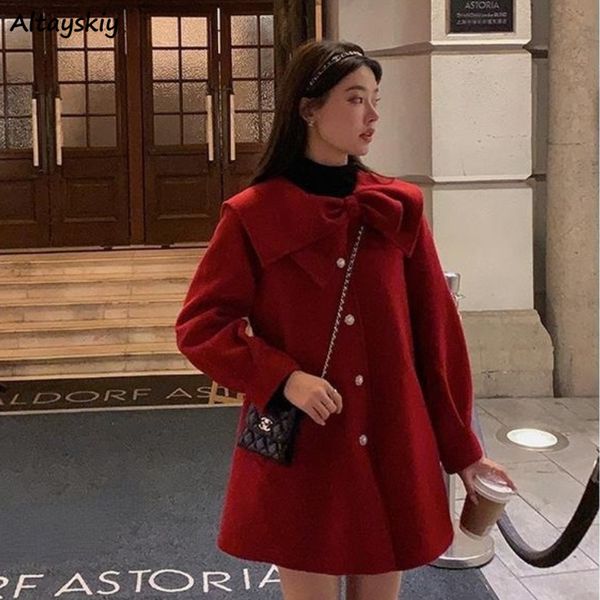 

women's wool blends coats women bow autumn winter thicker sweet preppy style solid all-match casual fashion chic streetwear elegant lad, Black