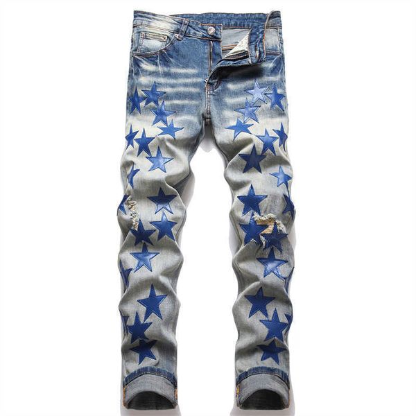 

men's jeans men's blue leather patches jeans streetwear distressed ripped stretch denim pants slim tapered trousers t221102