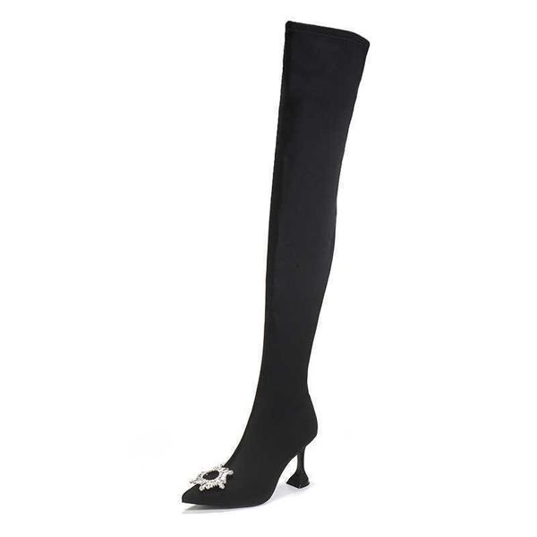 

lady women shoes boots leather over knee winter new pointed thigh high heel wine cup elastic socks rhinestone buckle women's thin, Black