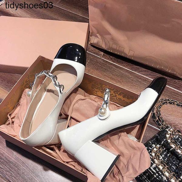 

2022 women designers rois miu square head french mary jane high heels women's thick heel shallow mouth single shoes size 34-40, Black