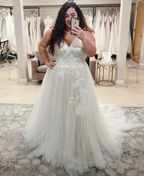 

plus size wedding dress for bridal sleeveless a-line beach robe de soiree de mariag v-neck bridal gowns lace applique large, White
