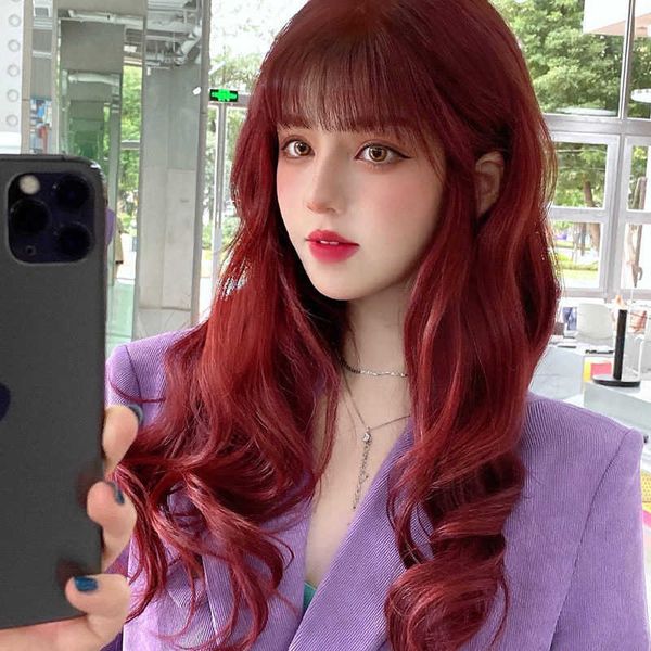 

women's hair wigs lace synthetic wig female wine long curly hair net red air bangs big wave chemical fiber head set, Black