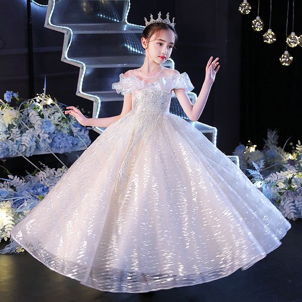

long white flower girls dresses for wedding with lace appliques beads bow sheer neckline girl pageant dress back birthday kids communion dre, White;blue