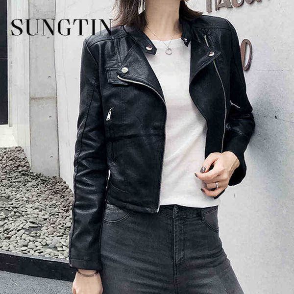 

sungtin cropped faux leather jacket for women zipper casual pu motorcycle jacket streetwear white short outfit 2022 new fashion j220727, Black