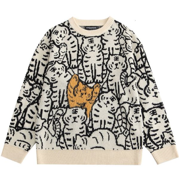 

men's sweaters harajuku vintage streetwear sweaters men pullover cartoon tiger pattern knitted jumpers autumn couple casual loose men, White;black