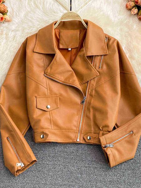 

fitaylor spring autumn women faux soft leather jacket elegant moto biker punk zipper outfit casual windproof streetwear jacket j220727, Black