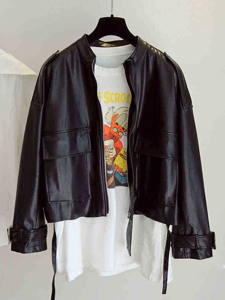 

ftlzz spring autumn stand collar faux leather short jacket women loose pu leather coat fashion drawstring outwear female chic j220727, Black