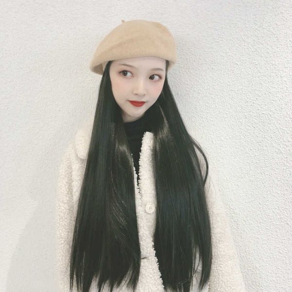 

women's hair wigs lace synthetic tiktok wool beret wig hat female straight hair chemical fiber., Black