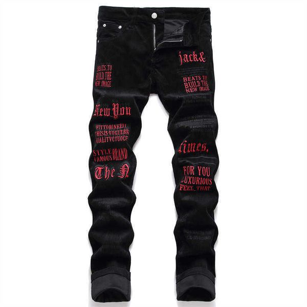 

men's jeans men letters embroidery corduroy pants casual slim contrast color print black trousers t221102, Blue