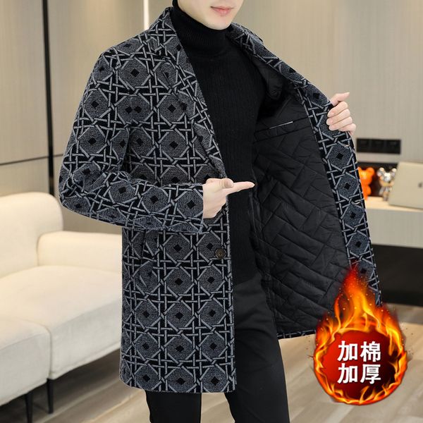 

men's wool blends british plaid contrasting colors winter thickening woollen windbreaker long jacket abrigo largo hombre mens wool tren, Black