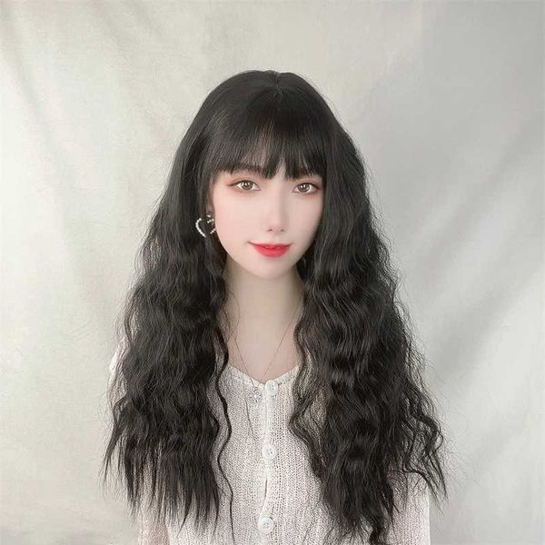 

women's hair wigs lace synthetic corn perm wig long curly water corrugated chemical fiber hair whole head set female spell duoduo taoba, Black
