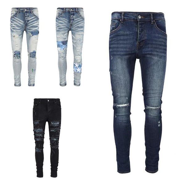 

designer jeans baggy pants for middle waist slim fit fashion street style hole distressed ripped biker fit bue long cotton make old high pai, Blue