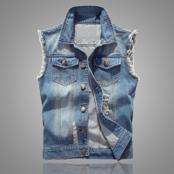 

men's vests denim sleeveless jacket men fashion ripped cotton jean gilet casual jeans waistcoat cowboy hip hop streetwear clothing 2211, Black;white
