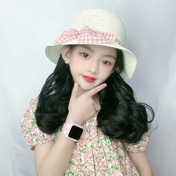 

women's hair wigs lace synthetic summer product children's sunshade hat integrated long curly hair net red simulation big wave wig, Black