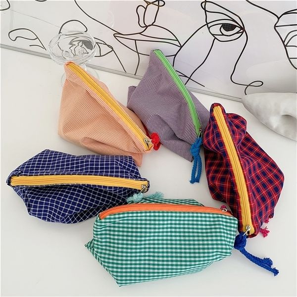 

cosmetic bags cases fashion plaid cotton fabric women travel make up zipper pouch japan style female toiletry wash 221114