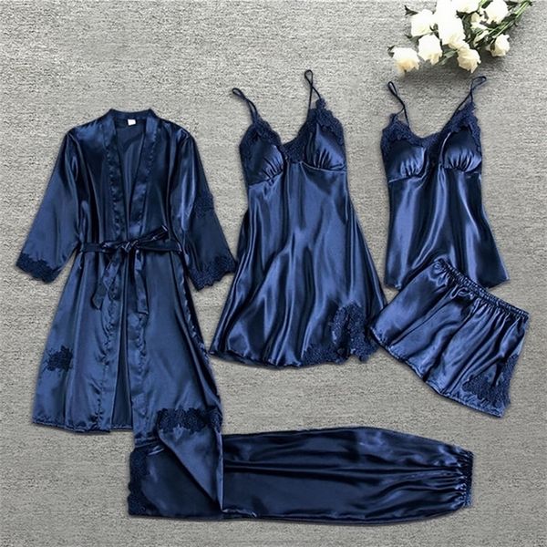 

women's sleepwear pyjamas nightwear fivepiece pajamas sleep robe sets silk suit womens lace satin pajama 221113, Black;red