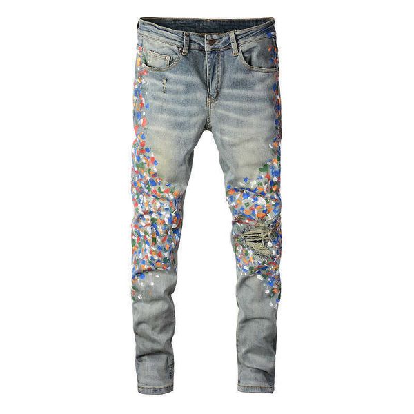

men's jeans men vintage blue painted stretch denim jeans streetwear holes ripped distressed pants skinny tapered trousers t221102