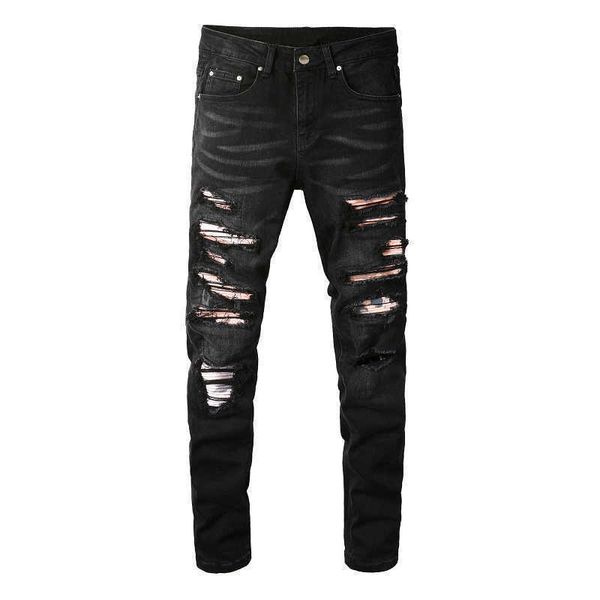 

men's jeans men cracked pleated patch biker jeans streetwear patchwork holes ripped distressed stretch denim pants skinny trousers t221, Blue