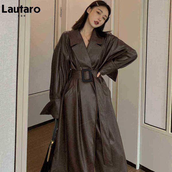 

lautaro autumn long oversized brown faux leather trench coat for women belt runway stylish loose european style fashion 2022 j220727, Black